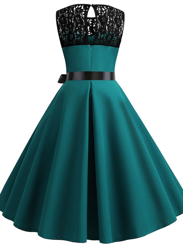 Women's Lace Dress Vintage Dress Swing Dress Midi Dress Light Blue Wine Red Black Sleeveless Print Lace up Summer Spring Fall Crew Neck 1950s Party Spring Dress 2023 S M L XL XXL - LuckyFash™