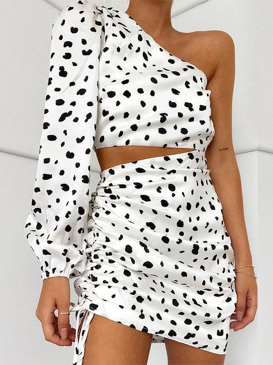 Polka Dot Slant Shoulder Fashion Drawstring Dress - LuckyFash™