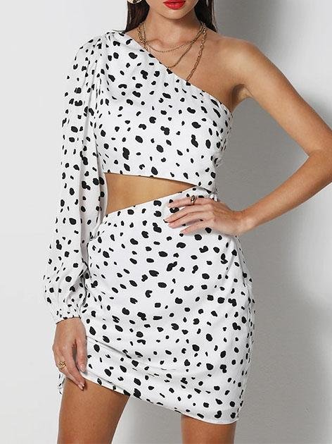 Polka Dot Slant Shoulder Fashion Drawstring Dress - LuckyFash™