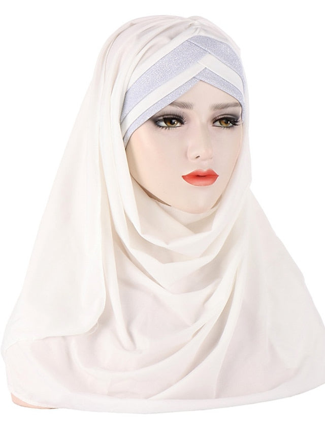 Forehead Cross Hair Wrap Scarf Solid Color Glitter Sequins Jersey Hijabs Muslim Headband Women Turban Hair Cap Headscarf - LuckyFash™