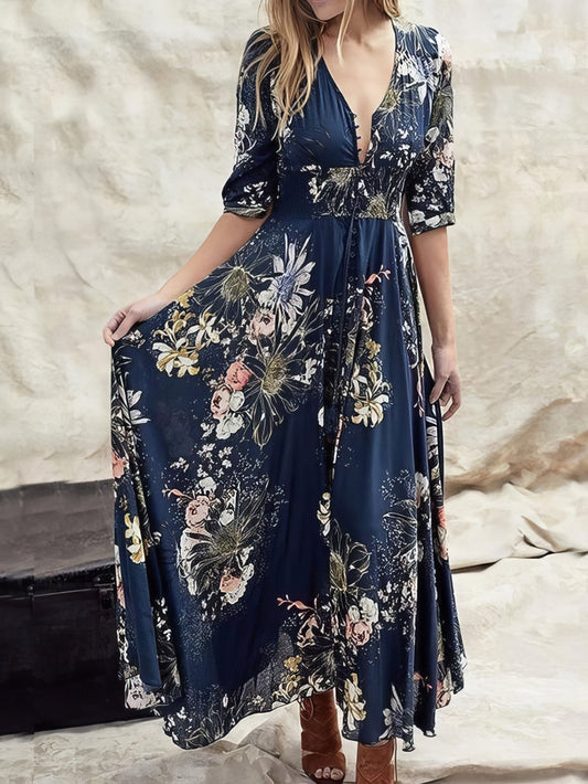 Printed V-neck Button Three-quarter Sleeve Dress - LuckyFash™