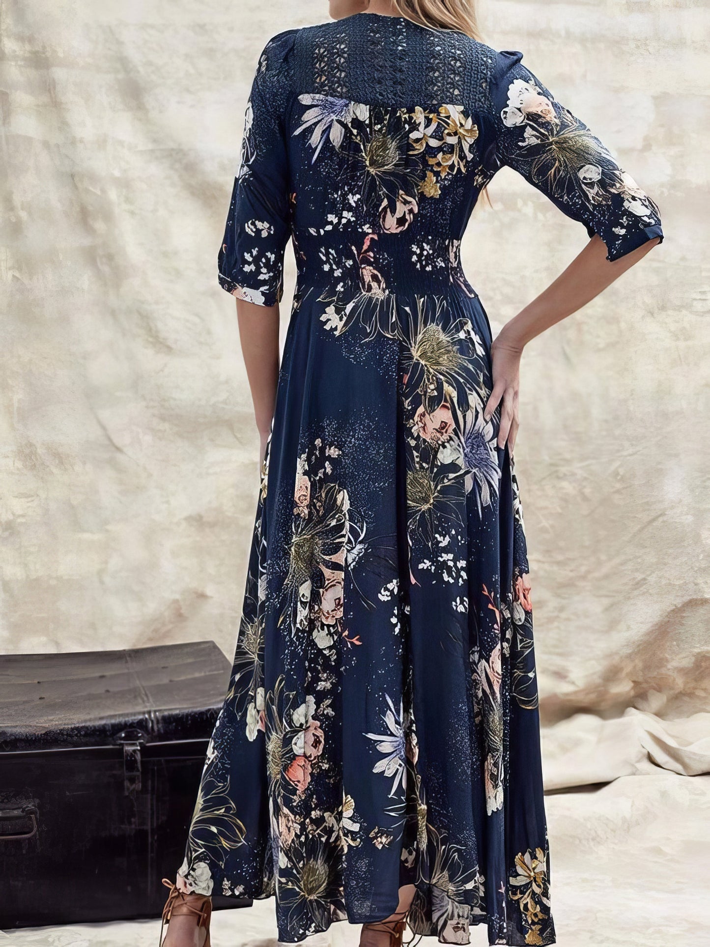 Printed V-neck Button Three-quarter Sleeve Dress - LuckyFash™