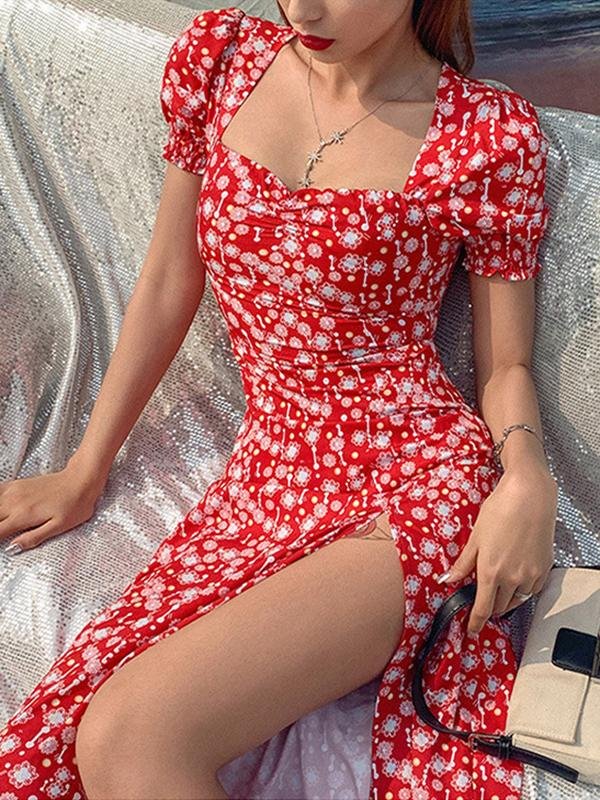Puff Sleeve Square Neck Slit Vacation Midi Dress - LuckyFash™