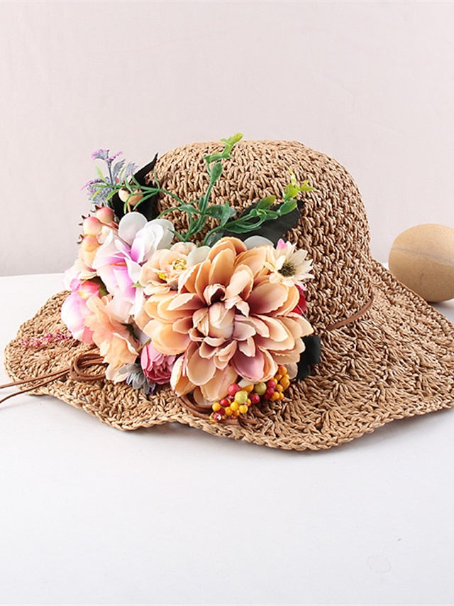 Women's Hat Straw Hat Sun Hat Pink Khaki Navy Blue Party Outdoor Dailywear Floral Floral Portable Windproof Comfort - LuckyFash™