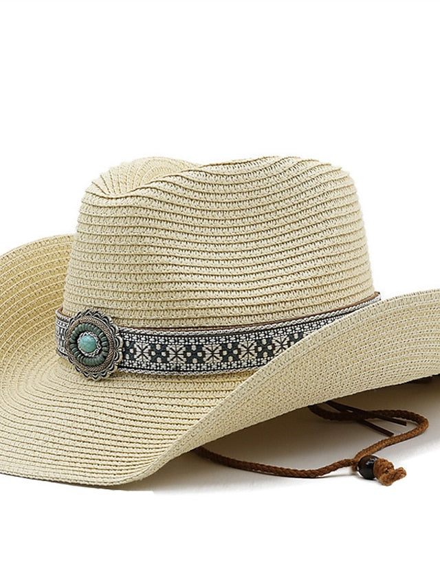 Turquoise Decoration Western Cowboy Hat Men Women Cowgirl Summer Straw Hats For Lady Sun Hat Beach Cowgirl Jazz Hat - LuckyFash™