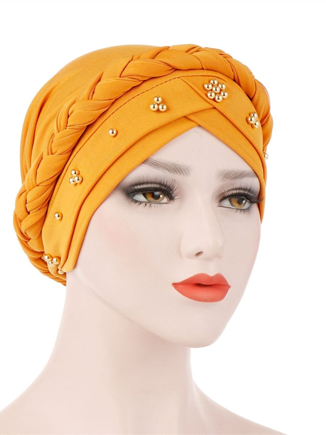 Women Lady Gold Beads Muslim Braid Head Turban Soft Islamic Arab Cap Hat Hair Care Bonnet Beanies Fashion for Women - LuckyFash™
