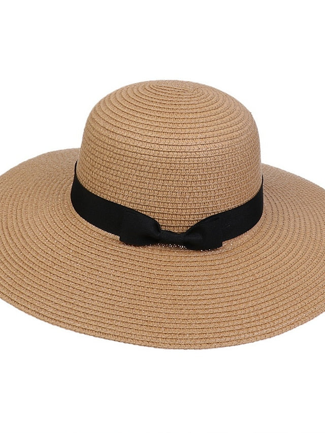 Hat Straw Hat Black Pink Khaki Outdoor Daily Holiday Braided Bow Pure Color Portable Sun Protection Breathable for Women - LuckyFash™