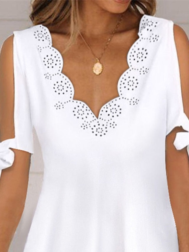 Women's Lace Dress White Dress A Line Dress Mini Dress White Short Sleeve Pure Color Lace Summer Spring V Neck Stylish 2023 S M L XL XXL - LuckyFash™