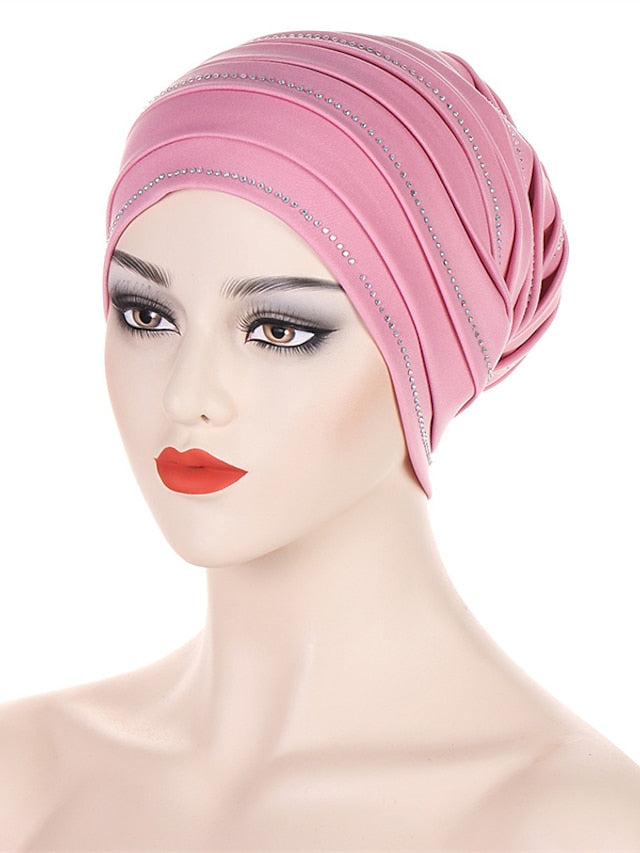 Rhinestones Women's Pleated Turban Cap African Hat Muslim Headscarf Bonnet Ladies Head Wraps - LuckyFash™