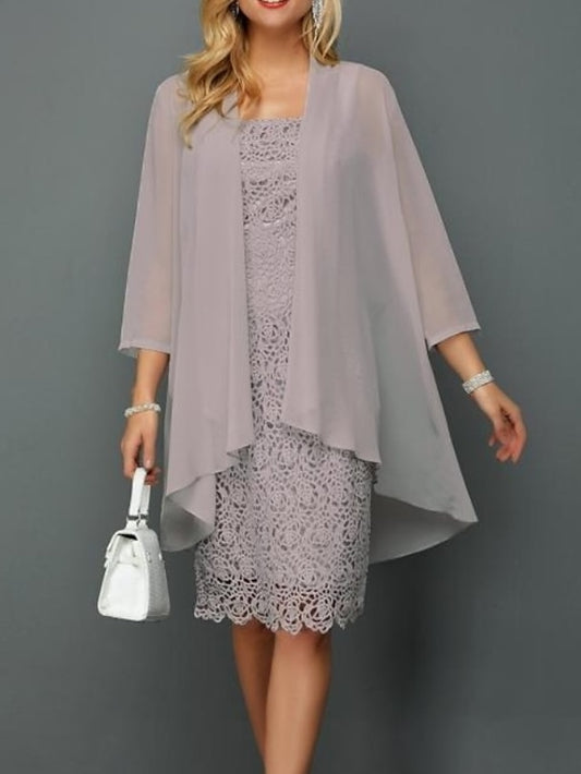 Women's Lace Dress Dress Set Two Piece Dress Midi Dress Light Grey 3/4 Length Sleeve Pure Color Lace Summer Spring Fall Square Neck Elegant Wedding Guest Vacation 2023 S M L XL XXL 3XL 4XL 5XL 6XL - LuckyFash™