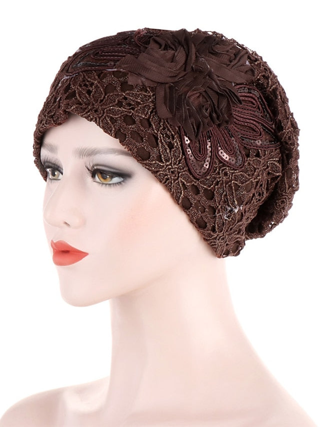 Lady Women Girl Hat Flower Hijab Lace Cotton Beanie Hat Full Headwear Warm Autumn Winter Lace Flower Casual Turban Cap - LuckyFash™