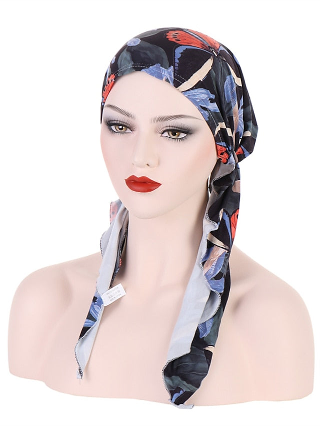 Women Printed Pre-tie Headscarf Elastic Muslim Female Turban Soft Hat Hair Loss Cover Head Wrap Headwear Stretch Bandana - LuckyFash™