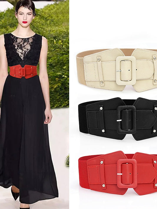 Women's Corset Belt PU Leather Prong Buckle Plain Formal Vintage Retro Work Daily Leopard Black Red & White Beige - LuckyFash™