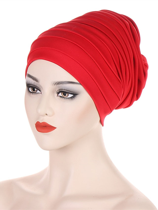 Candy Color Ladies Head Wraps Muslim Hijab Bonnets Fashion Headgear Trendy Elastic Full Body Pleated Turban Cap for Women - LuckyFash™