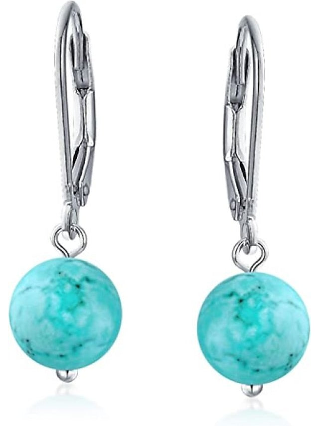 Simple Basic Gemstone Round 8MM Bead Ball Drop Dangle Earrings For Women Teen Secure Hinge Lever back .925 Sterling Silver Birthstones More Colors - LuckyFash™
