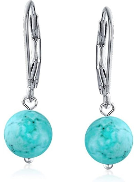 Simple Basic Gemstone Round 8MM Bead Ball Drop Dangle Earrings For Women Teen Secure Hinge Lever back .925 Sterling Silver Birthstones More Colors - LuckyFash™