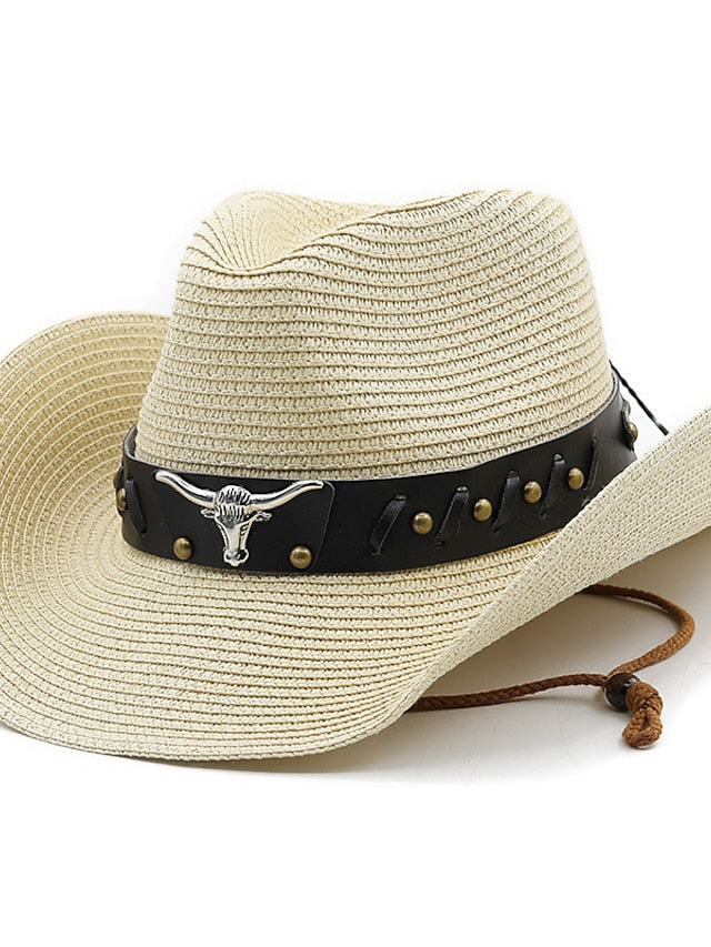 Ethnic Style Hat Cowboy Men Straw Panama Hat Belt Cow Decorate Wide Brimmed Hats For Summer Khaki Women Hat New Arrival - LuckyFash™