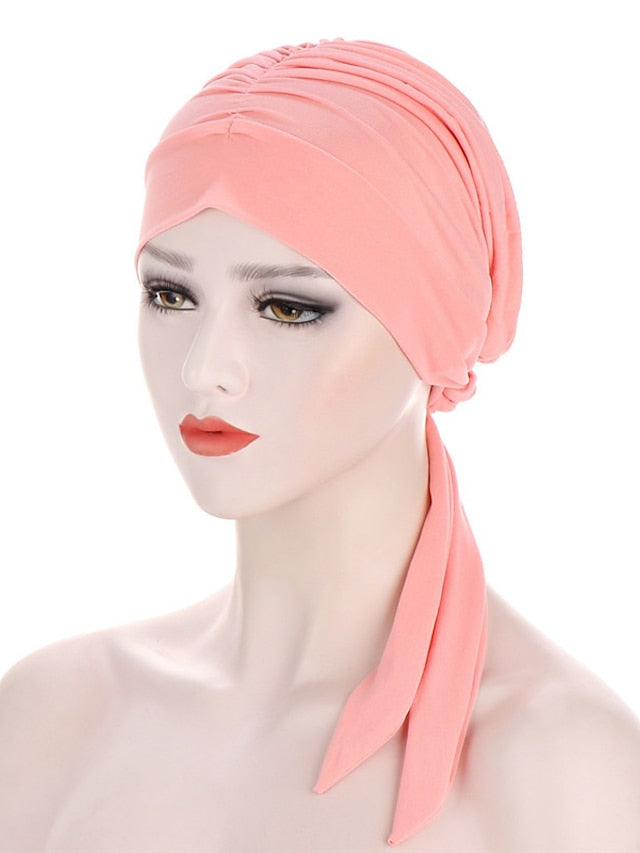 Muslim Women Stretch Solid Wrinkle Turban Hat Cancer Chemo Beanies Caps Pre-Tied Scarf Headwear Headwrap Simple Hair Accessories - LuckyFash™