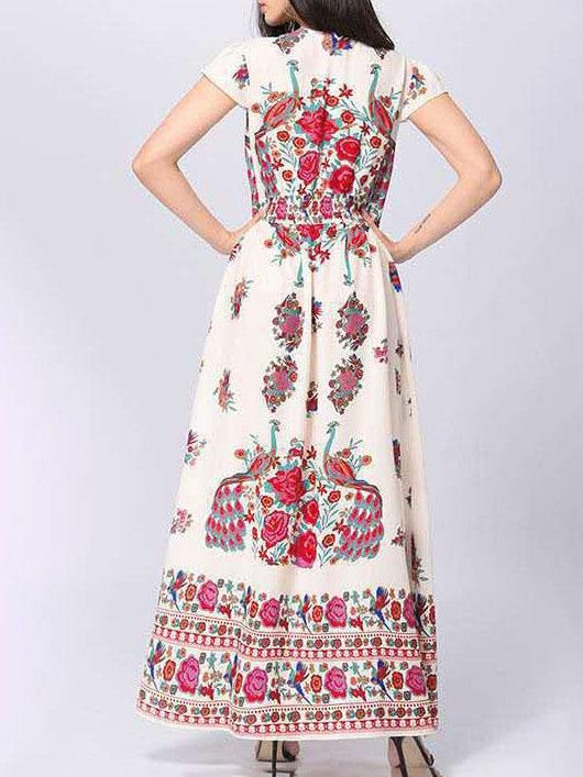 Retro Printing Deep V Neck Short Sleeve Dress - LuckyFash™