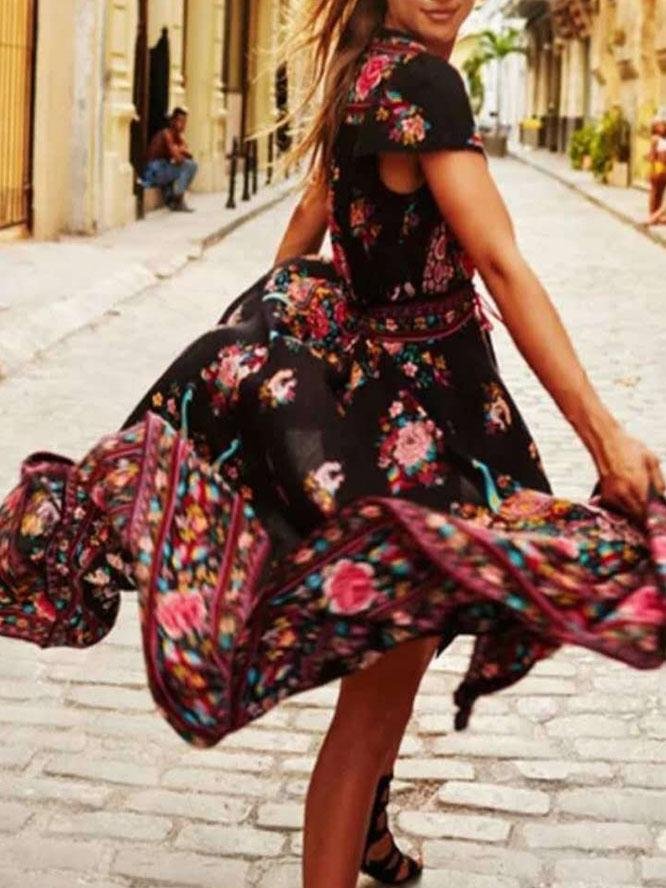 Retro Printing Deep V Neck Short Sleeve Dress - LuckyFash™