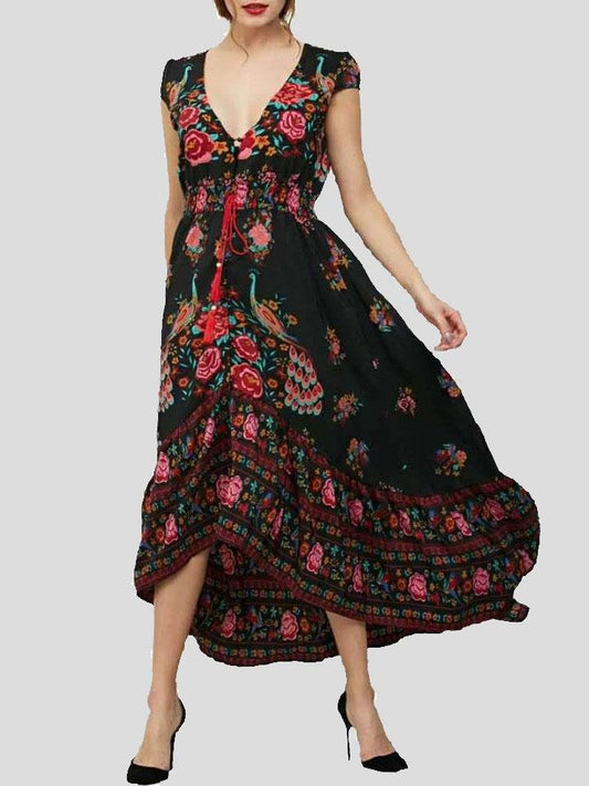 Retro Printing Deep V Neck Short Sleeve Dress - LuckyFash™
