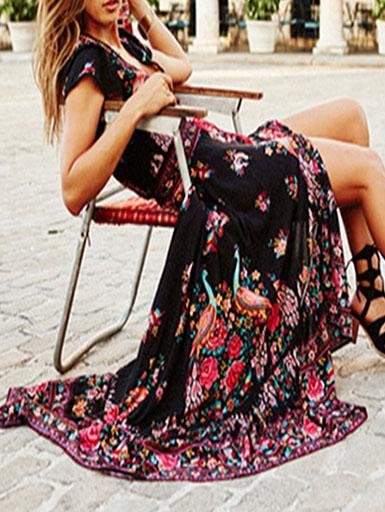 Retro Printing Deep V Neck Short Sleeve Dress - LuckyFash™
