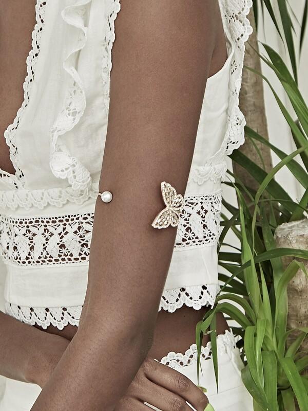 Rhinestone Butterfly & Faux Pearl Decor Cuff Bracelet 1pc - LuckyFash™