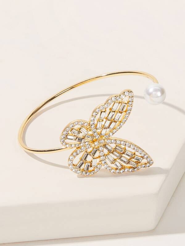 Rhinestone Butterfly & Faux Pearl Decor Cuff Bracelet 1pc - LuckyFash™