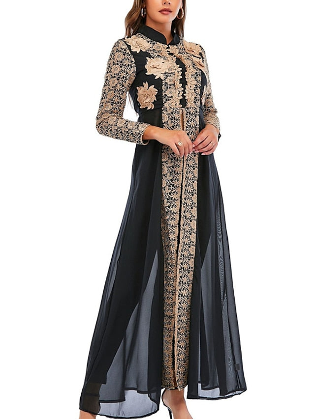 Kaftan Dress Long Dress Maxi Dress Green Black Blue Long Sleeve Floral Embroidered Spring Stand Collar Romantic Spring Dress Summer Dress  S M L XL XXL for Women - LuckyFash™
