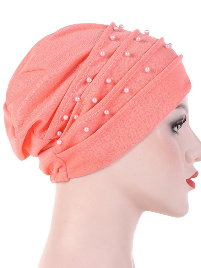 Muslim Women Turban Scarf Beaded Turban Hat Solid Color Beanies Cap Islamic Wrap Headscarf Musulman Femme Hijab Hair Care Accessories - LuckyFash™