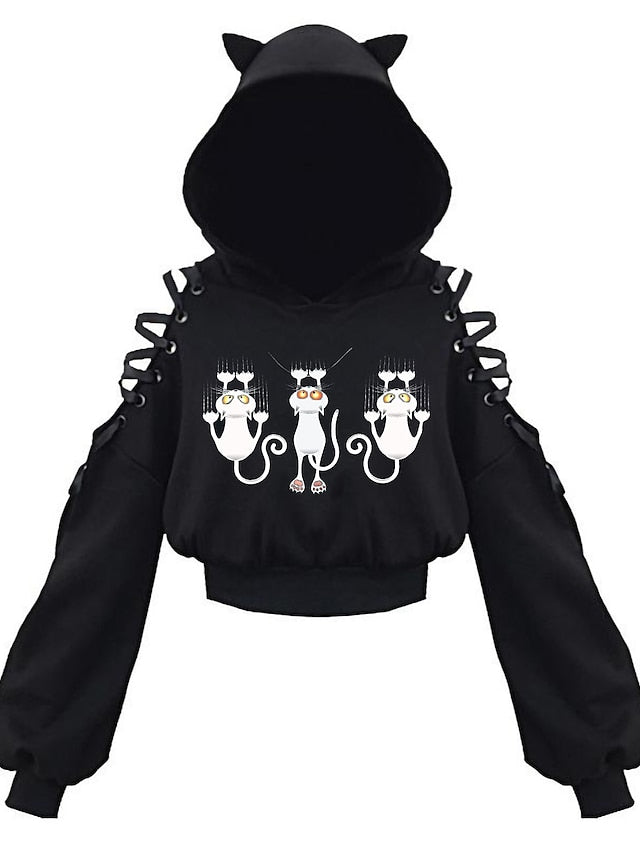 hoodie crop top cat ear hooded sweatshirt hollow out lace up sleeves(4xl,cats climbing) for Women - LuckyFash™