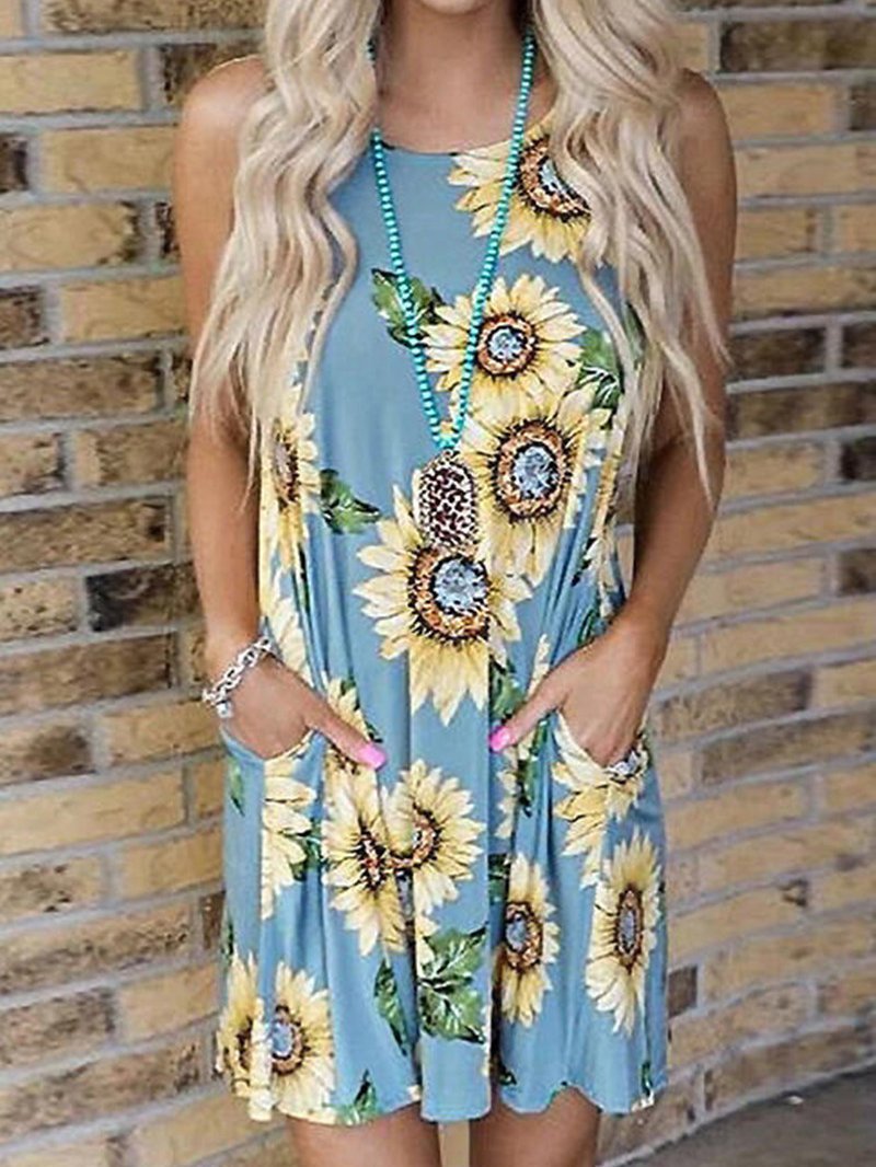 Round Neck Sleeveless Vest Sunflower Print Pocket Dress - LuckyFash™