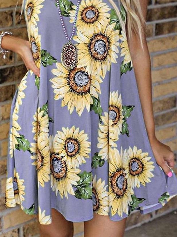 Round Neck Sleeveless Vest Sunflower Print Pocket Dress - LuckyFash™