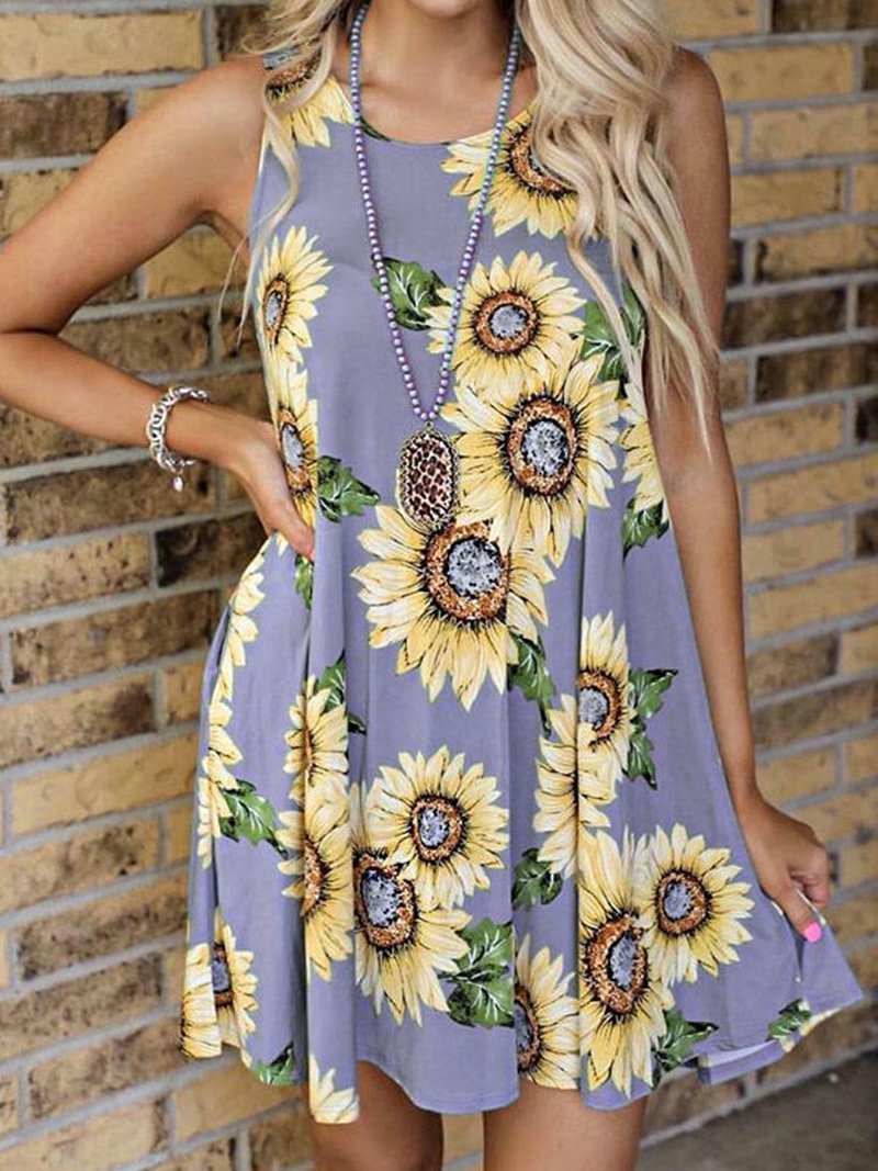 Round Neck Sleeveless Vest Sunflower Print Pocket Dress - LuckyFash™
