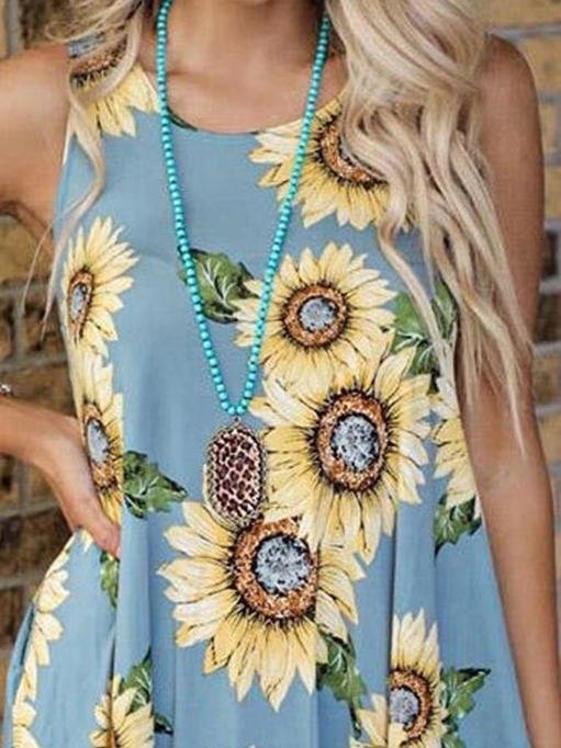 Round Neck Sleeveless Vest Sunflower Print Pocket Dress - LuckyFash™