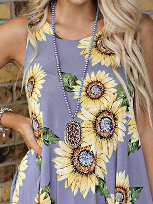 Round Neck Sleeveless Vest Sunflower Print Pocket Dress - LuckyFash™
