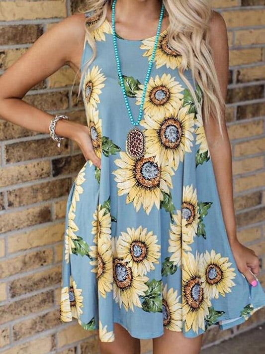 Round Neck Sleeveless Vest Sunflower Print Pocket Dress - LuckyFash™