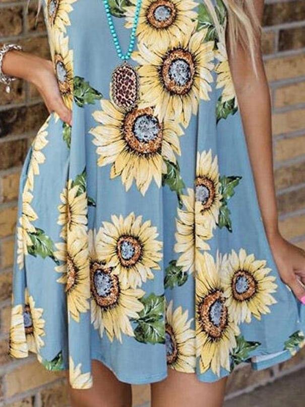 Round Neck Sleeveless Vest Sunflower Print Pocket Dress - LuckyFash™