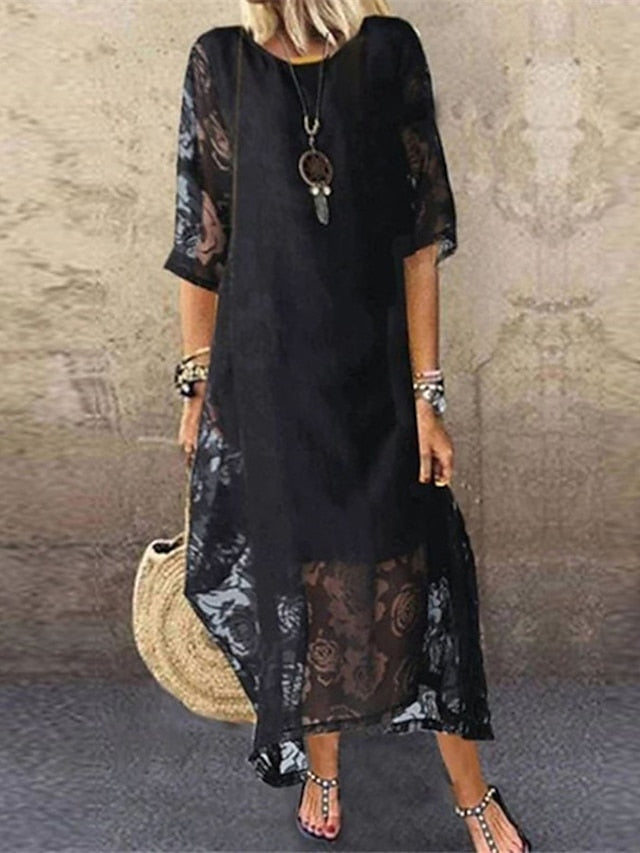 Women's Lace Dress Shift Dress Long Dress Maxi Dress Black White Red 3/4 Length Sleeve Pure Color Lace Summer Spring Crew Neck Elegant Loose Fit 2023 M L XL XXL 3XL 4XL 5XL - LuckyFash™