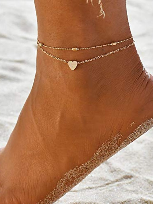 layered anklets women heart gold ankle bracelet charm beaded dainty foot jewelry for women and teen girls summer barefoot beach anklet - LuckyFash™