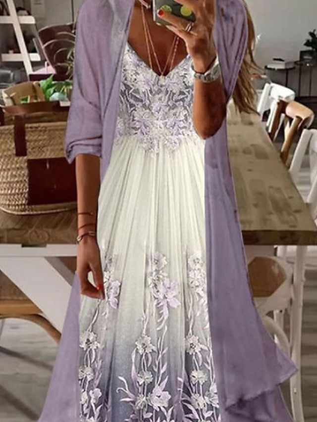 Women‘s A Line Dress Maxi long Dress Purple Long Sleeve Floral Color Gradient Ruched Print Fall Spring V Neck Elegant Casual 2023 S M L XL XXL 3XL / Loose - LuckyFash™