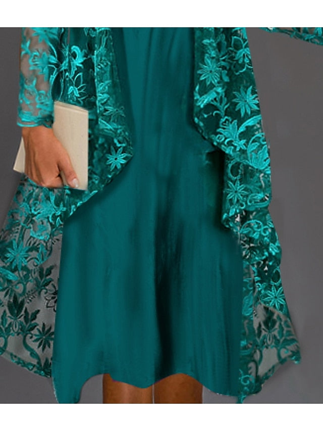 Women's Lace Dress Dress Set Two Piece Dress Midi Dress Dark Green Long Sleeve Embroidery Ruched Summer Spring Crew Neck Modern Winter Dress Fall Dress 2023 S M L XL XXL 3XL - LuckyFash™