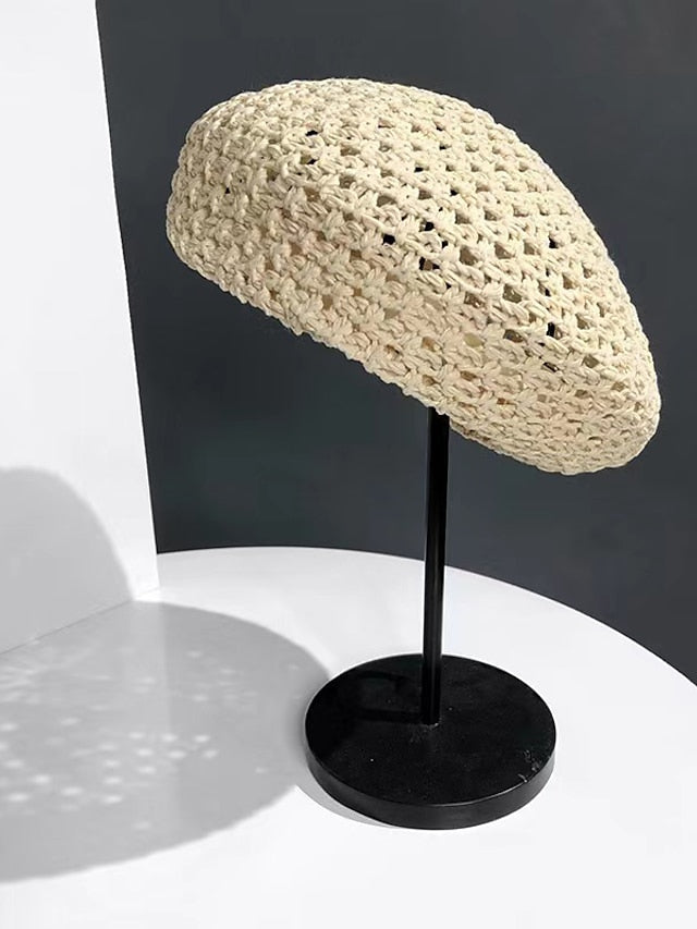 Spring Summer Breathable Straw Hat Female Unique Beret Black Khaki Beige British Beret Hat Hollow Artistic Painter Hat - LuckyFash™