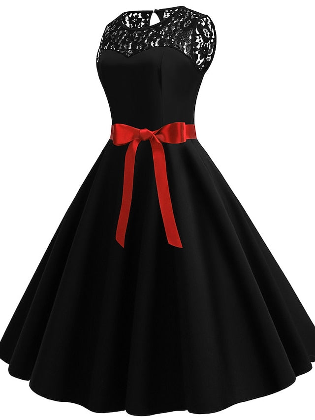Women's Lace Dress Vintage Dress Swing Dress Midi Dress Light Blue Wine Red Black Sleeveless Print Lace up Summer Spring Fall Crew Neck 1950s Party Spring Dress 2023 S M L XL XXL - LuckyFash™