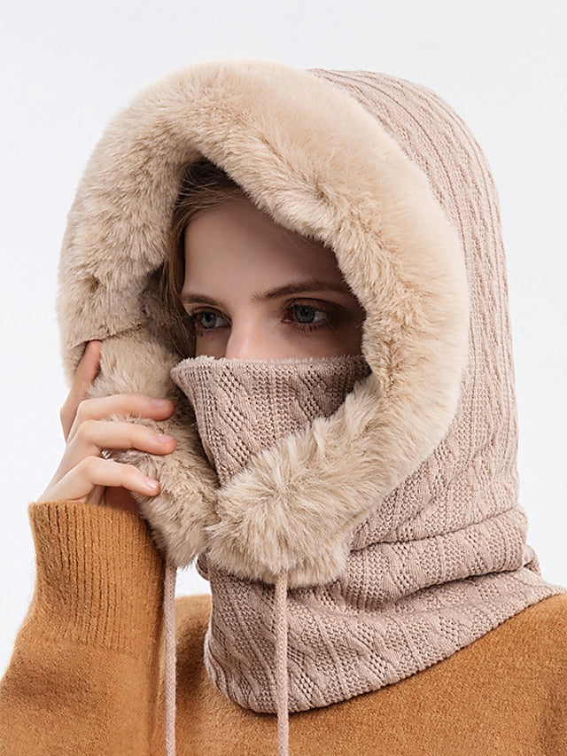 High Quality Winter Fur Cap Mask Set Hooded for Women Knitted Cashmere Neck Warm Outdoor Ski Windproof Hat Thick Plush Fluffy Beanies - LuckyFash™