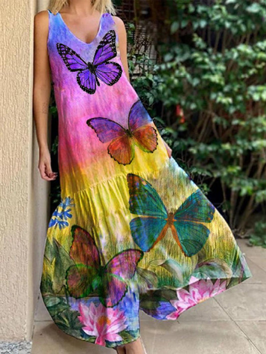 Sleeveless Butterfly Print Tie-dye Dress - LuckyFash™
