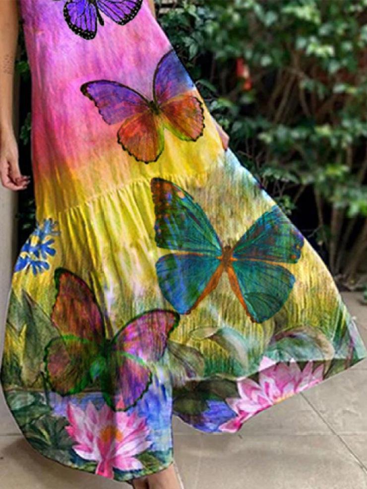 Sleeveless Butterfly Print Tie-dye Dress - LuckyFash™