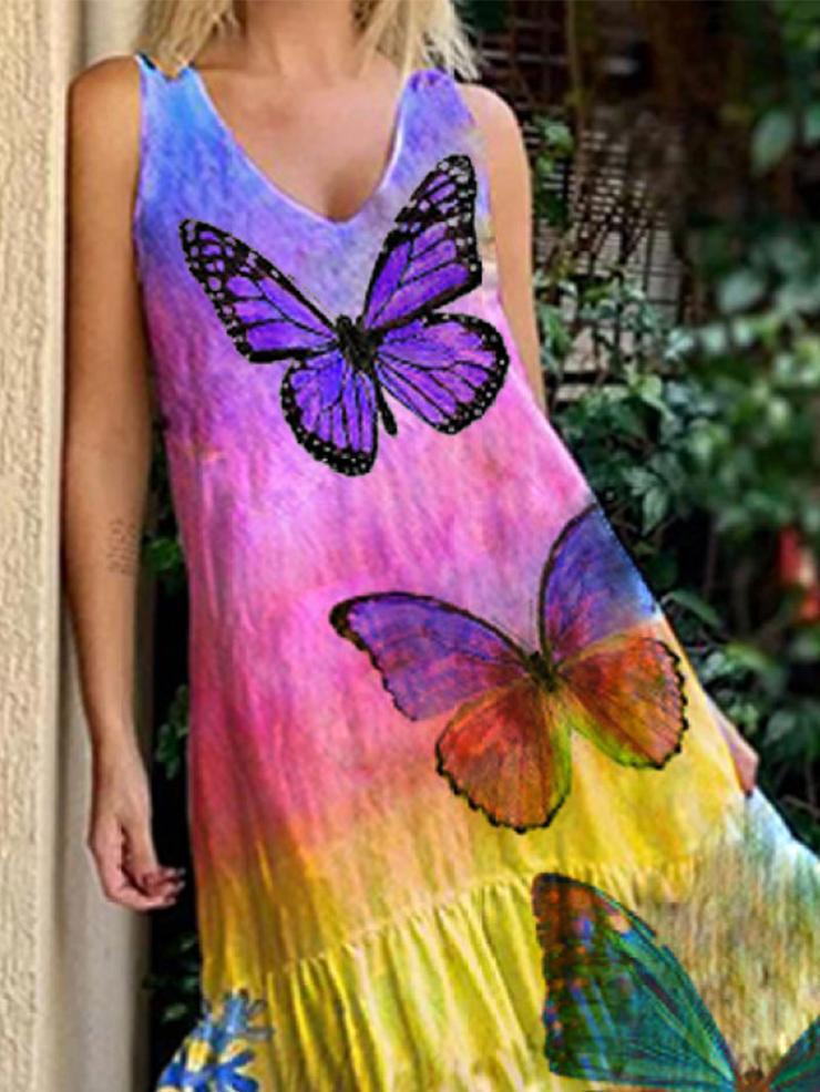 Sleeveless Butterfly Print Tie-dye Dress - LuckyFash™