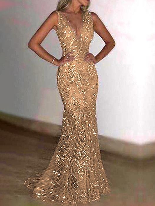 Sleeveless Deep V Neck Sequin Party Evening Long Dress - LuckyFash™