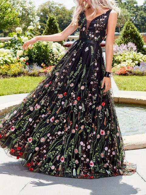 Slim Deep V Neck Sleeveless Embroidered Long Dress - LuckyFash™